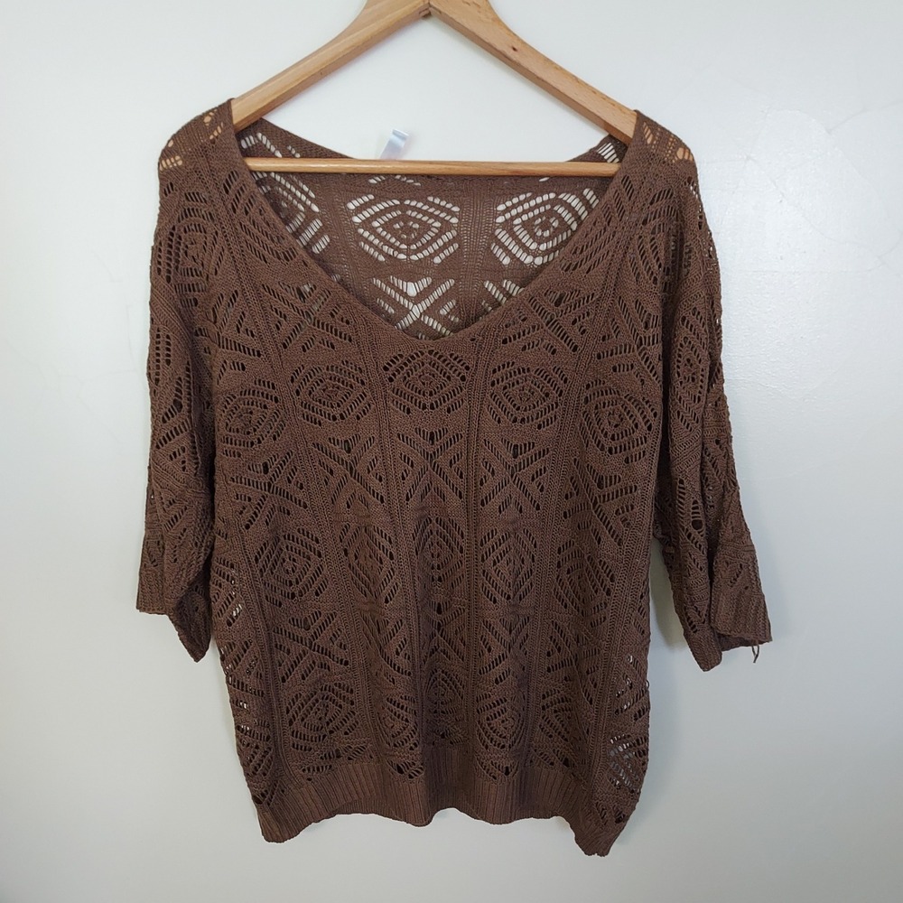 Brown Boho Crochet Knit Sweater L Hollow Out Off Shoulder Top Festival Hippie